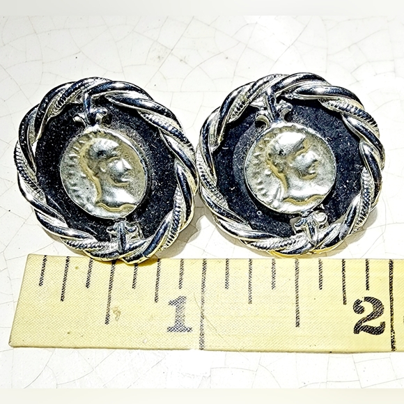 Classic Greek Roman coin silver and blue round button posts pierced earrings - Picture 5 of 7